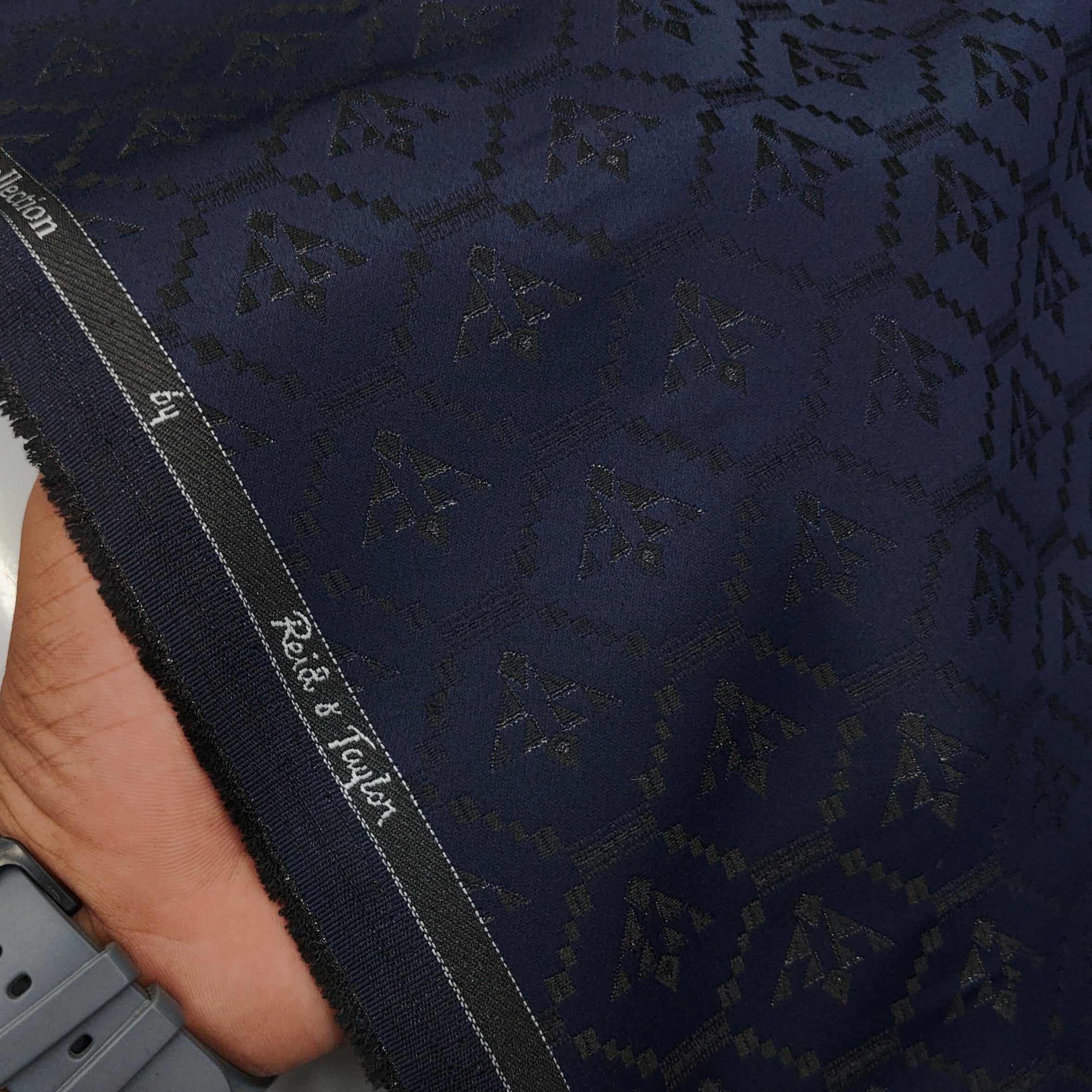 Reid & Taylor Jacquard Premium Bandhgala Fabric Colour Midnight Blue